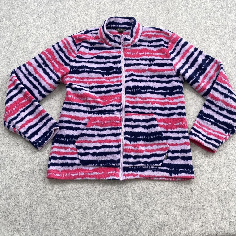 Eddie Bauer Jacket Kids L 14-16 Pink Navy Stripe Fleece Full Zip Pockets Warm